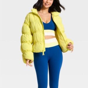 Yellow Puffer Jacket and Blue Activewear Set